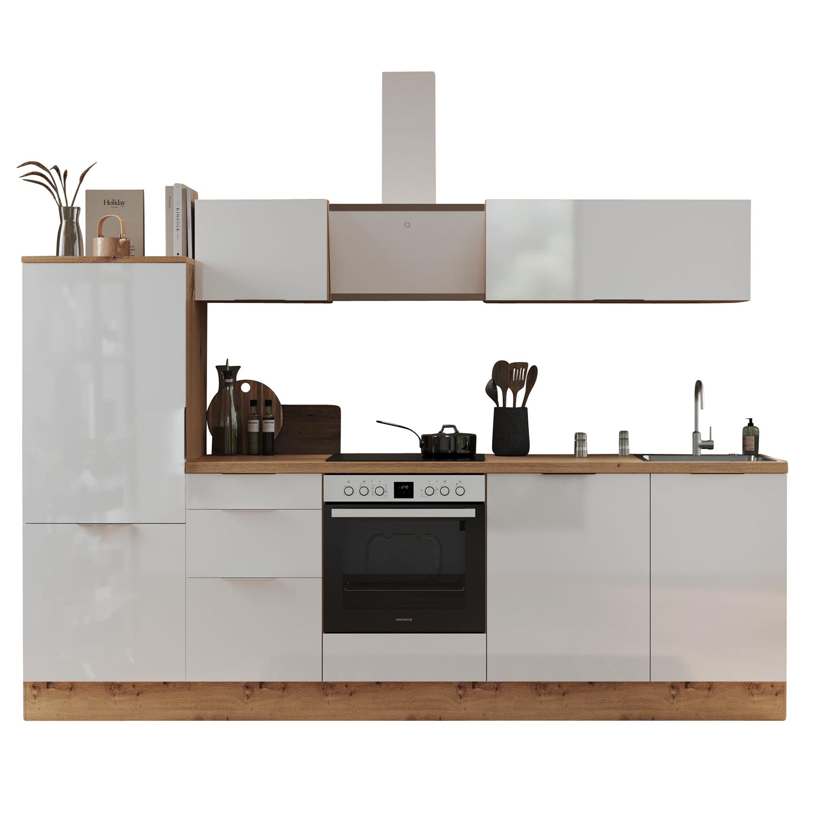 RESPEKTA Küchenblock - weiß Hochglanz - Artisan Eiche - mit E-Geräten - 280 cm