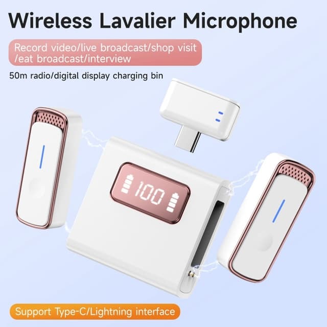 2 Mikrofoner USB-C Trådløs Lavalier Støjreducerende Opladningsetui Hvid+Sort