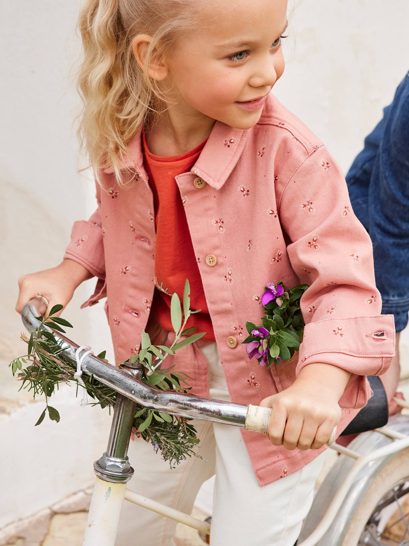 Jaqueta jeans operária, para meninas, tamanho médio, estampa rosa.