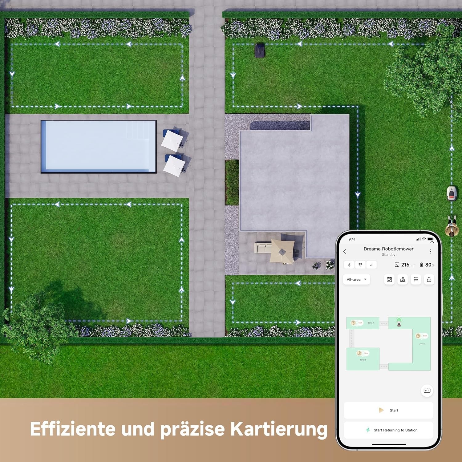 dreame Mähroboter A1 Pro und Garage, Drahtloser Umfang Mähroboter, 2000m², App Steuerung, Intuitive Zonenverwaltung, Hindernisvermeidung, Offroad Reifen