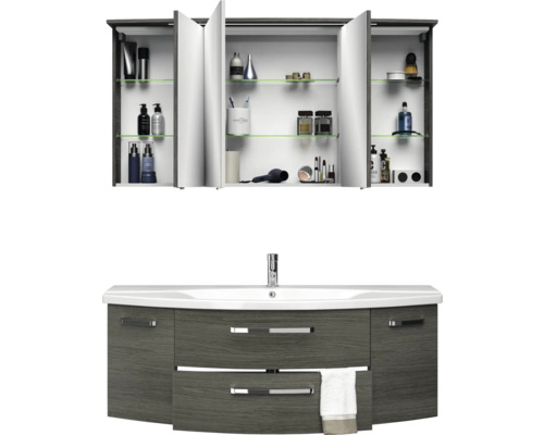 3-delige badkamermeubelset Pelipal xpressline 4010 BxHxD 144 x 200 x 49,5 cm, fronten in grafietstructuur (horizontaal patroon), met witte keramische wastafel en keramische badmeubel, wastafelkast, spiegelkast met LED-verlichting, chromen grepen, 401