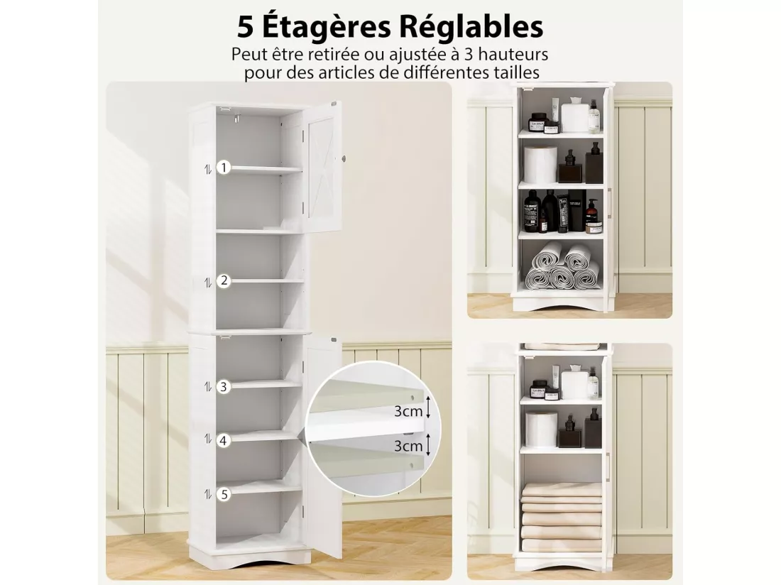 Armoire de Salle de Bain de 170 cm de Hauteur, Meuble de Rangement, Colonne, 5 Étagères Réglables, Placards à Porte, 2 Compartiments, Gain de Place, 30 x 40 x 170 cm, Blanc