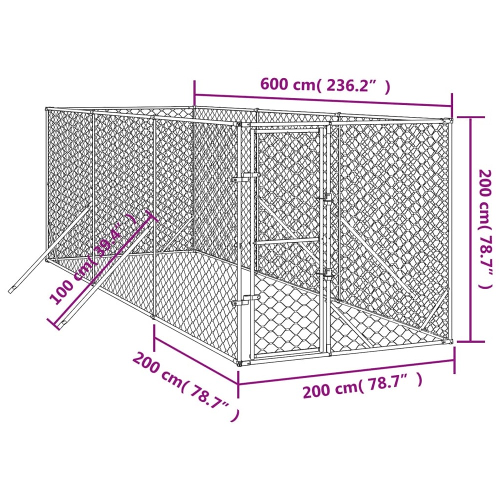 Chenil d'extérieur pour chiens argenté 2x6x2 m acier galvanisé