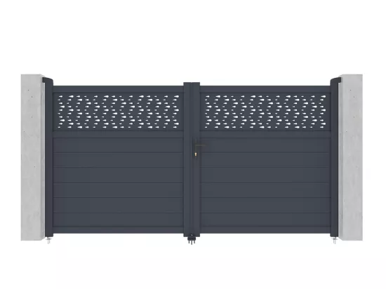 Portail battant aluminium semi plein à motifs L305 x H166 cm anthracite - BAZIO