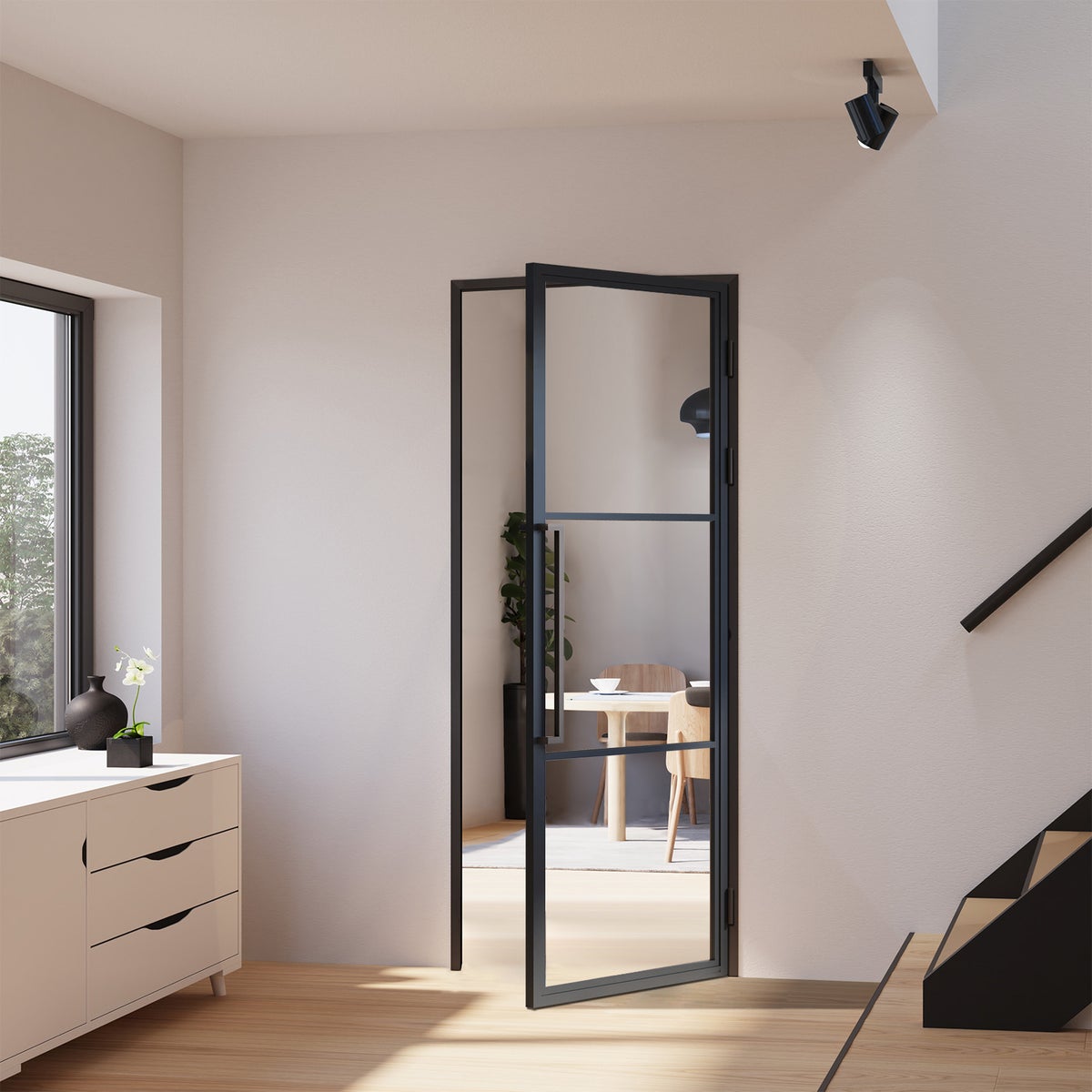 Complete glazen deurset met beslag, loft-stijl, 834x1972mm, DIN rechts - greeplijst, draaideur
