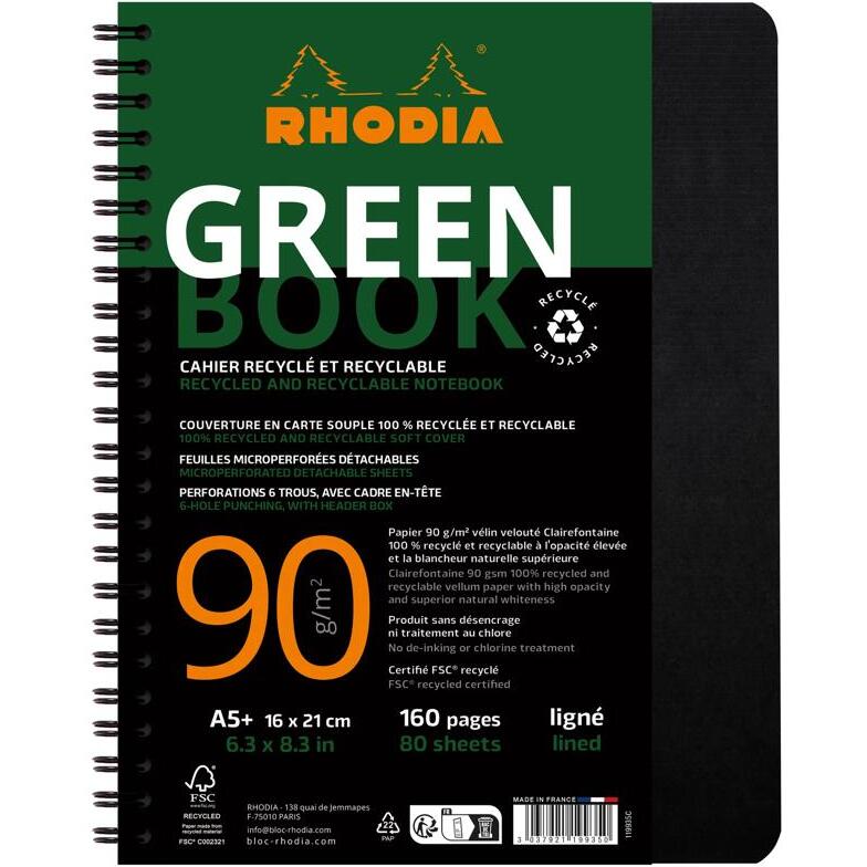 Greenbook cahier recyclé et recyclable en carte souple 350 g/m2 - A5+ 16 x 21 cm 160 pages Ligné perforation 6 trous - Papier Clairefontaine recyclé 90 g/m2 - Noir - New - Noir