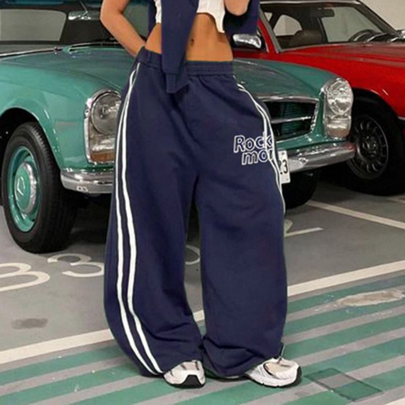 BrickBlack - Elastische taille, gestreepte, met letters bedrukte, wijde trainingsbroek