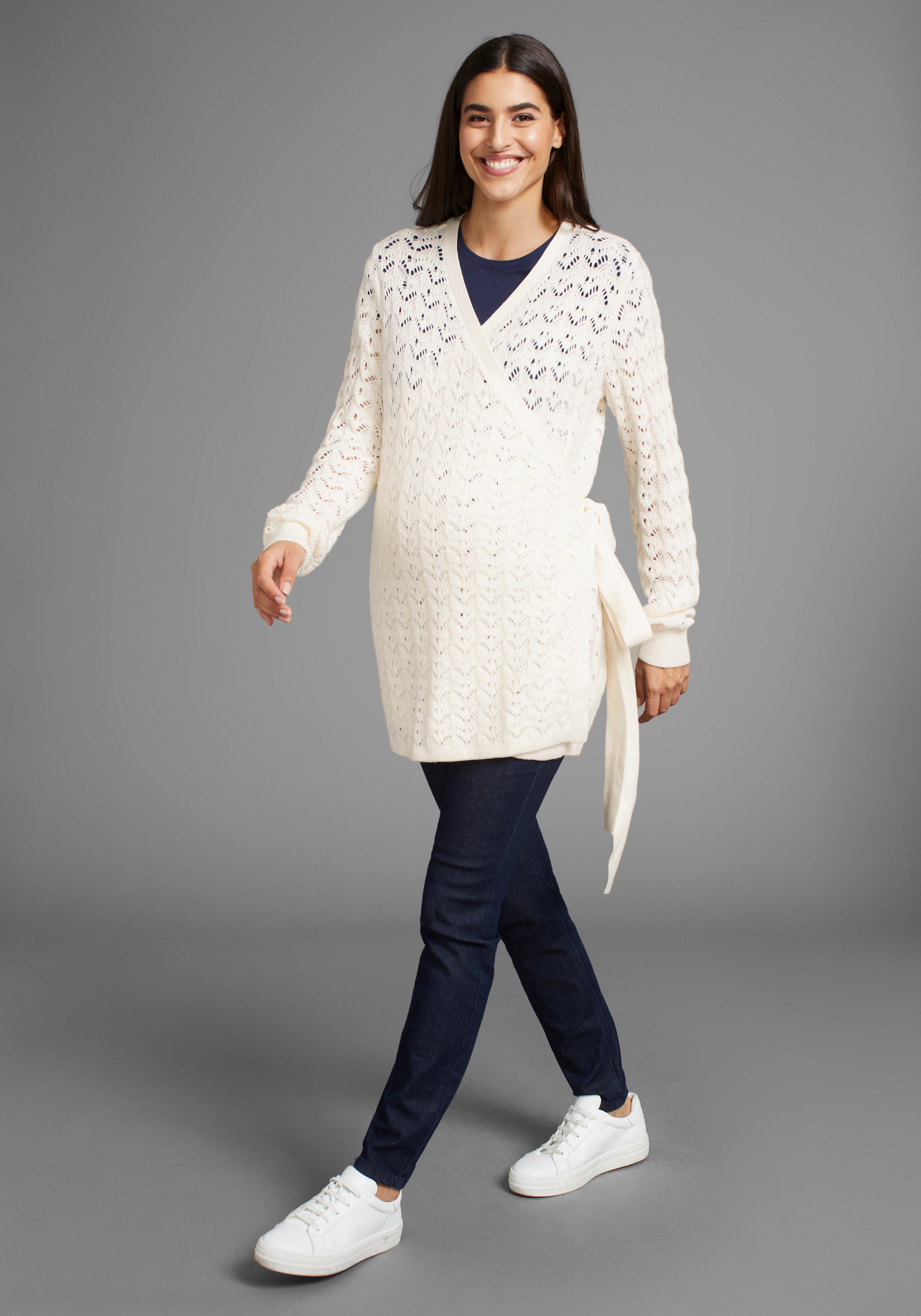 Neun Monate Umstandsstrickjacke », Für Schwangerschaft und Stillzeit«, , Wickelstrickjacke in Ajourmuster