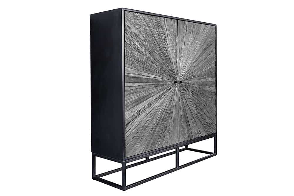 Massives Highboard BARRACUDA 120cm grau Mangoholz mit Teakholz-Front schwarz Metall