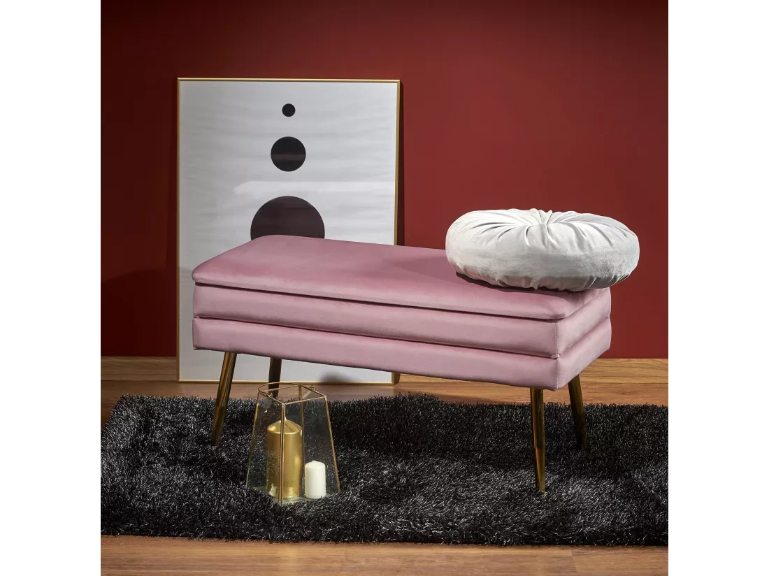 Banc en velours rose avec pieds en métal doré PATTY