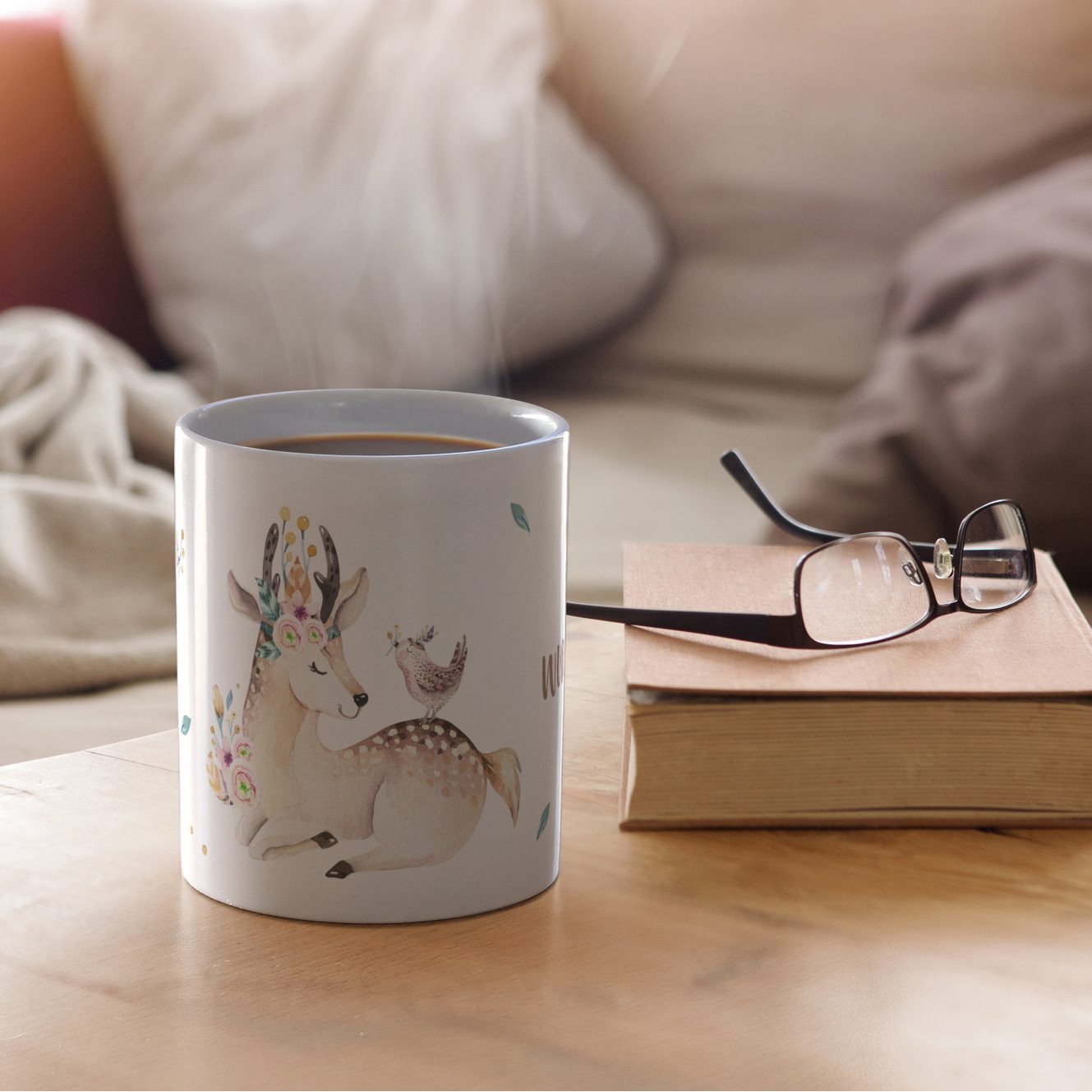 Personalisierte Panorama-Tasse, weiß (Motiv: Reh)