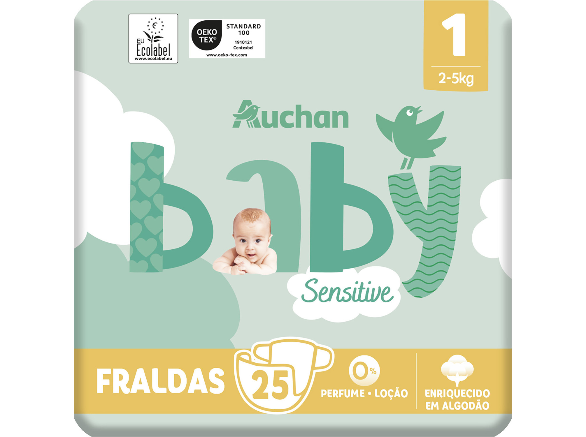 FRALDAS AUCHAN BABY SENSITIVE ECOLÓGICAS TAMANHO 1 2-5KG 25UN