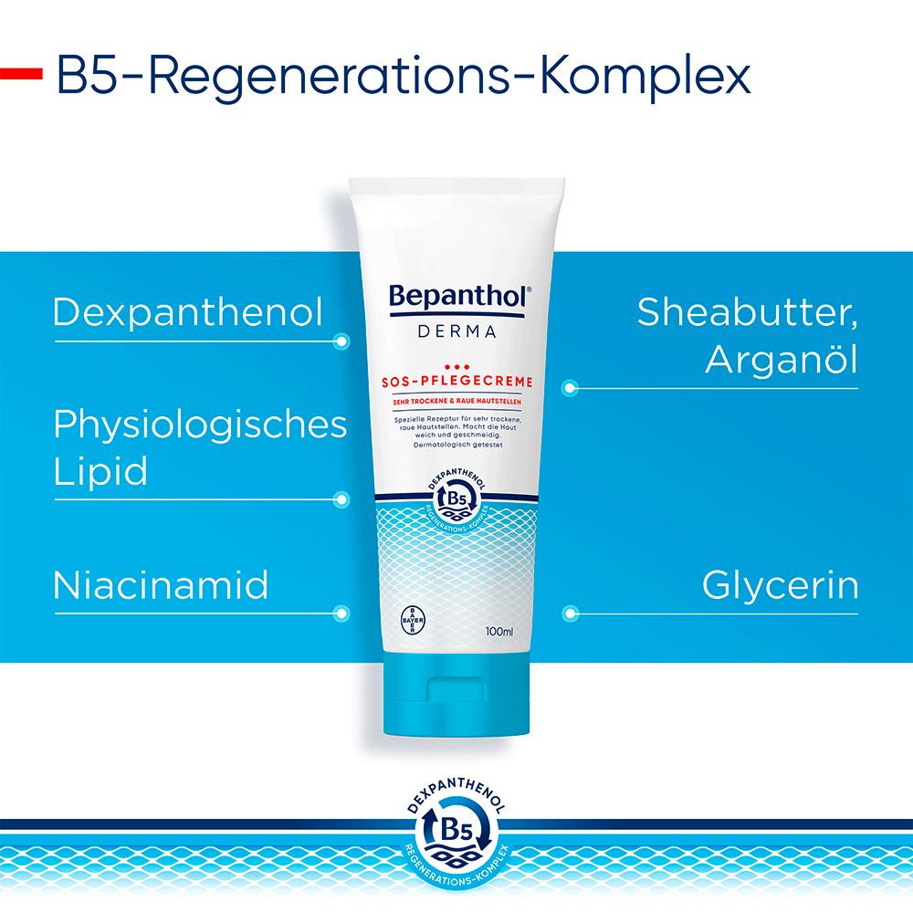 Bepanthol® DERMA SOS-Pflegecreme, Körperpflege für sehr trockene und raue Hautstellen, dermatologisch getestete Feuchtigkeitscreme mit Dexpanthenol