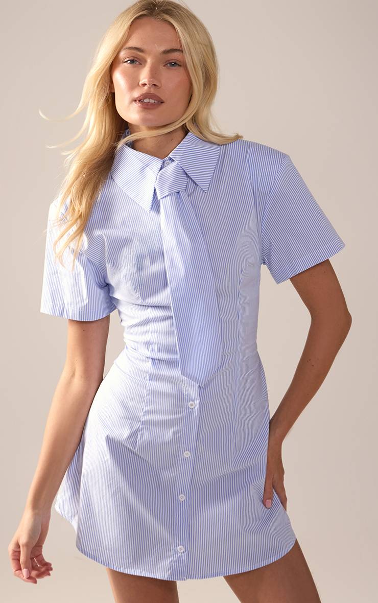 Bleu Robe Chemise À Manches Courtes Avec Détail Nœud À Rayures