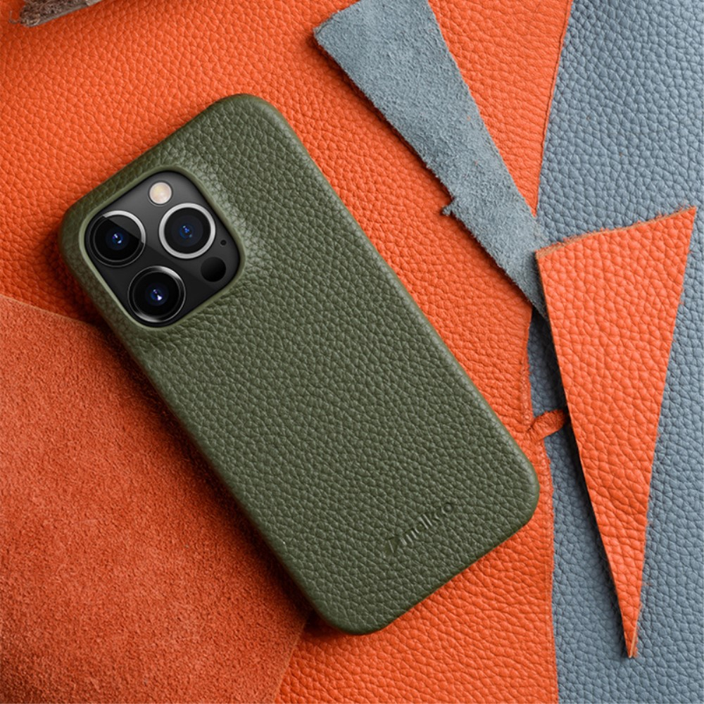 iPhone 14 Pro MagSafe Echtleder Hardcase Hülle Litchi Look - Dunkelblau