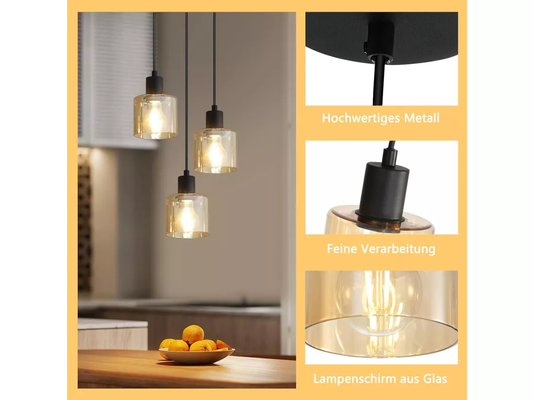 NETTLIFE Suspension Table à Manger Lampe Suspendue Vintage 3 Ampoules Lampe de Table à Manger Suspendue E27 Métal Noir Rétro Industriel