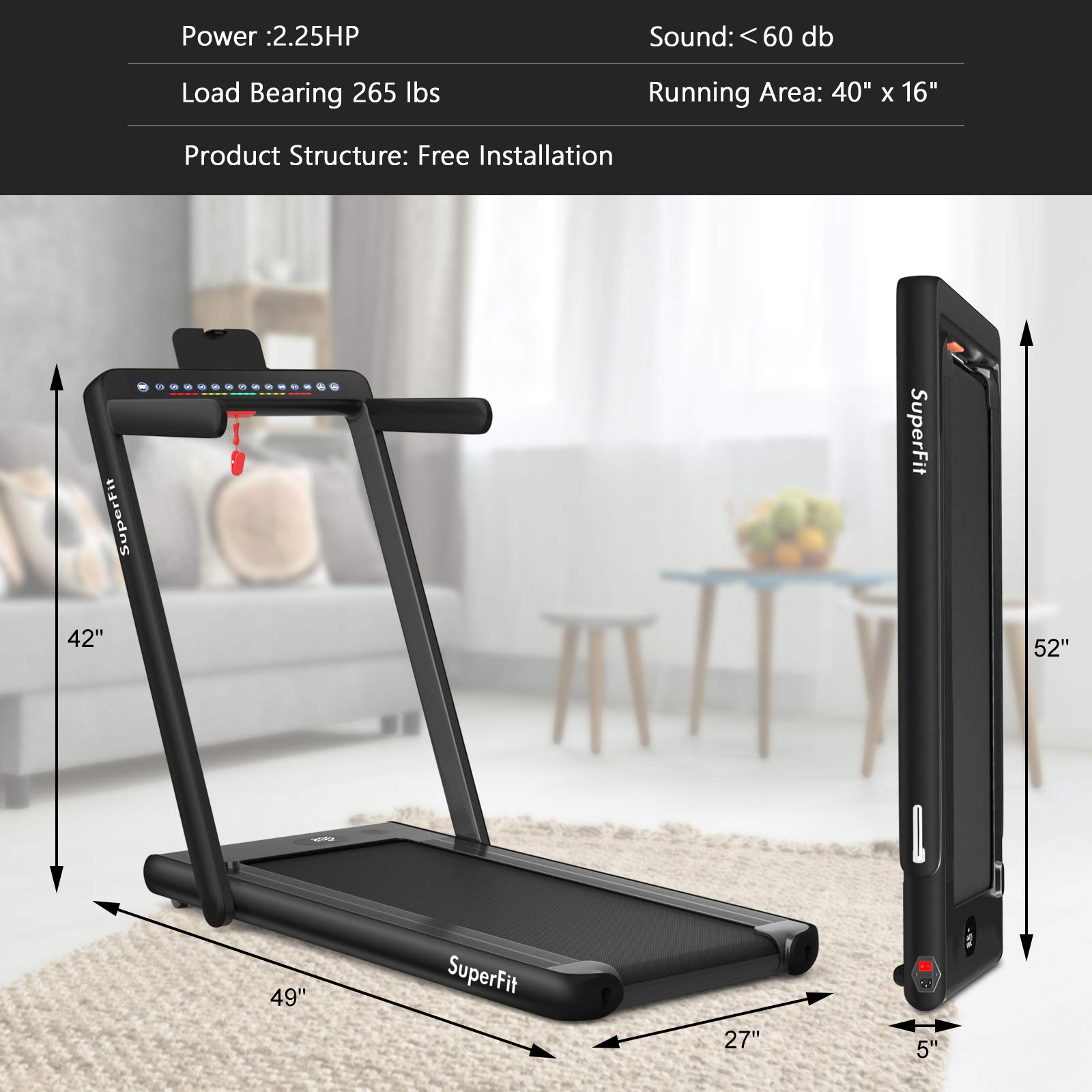 Esteira dobrável 2 em 1 com visor duplo, 2.25HP Superfit, para uso embaixo da mesa.