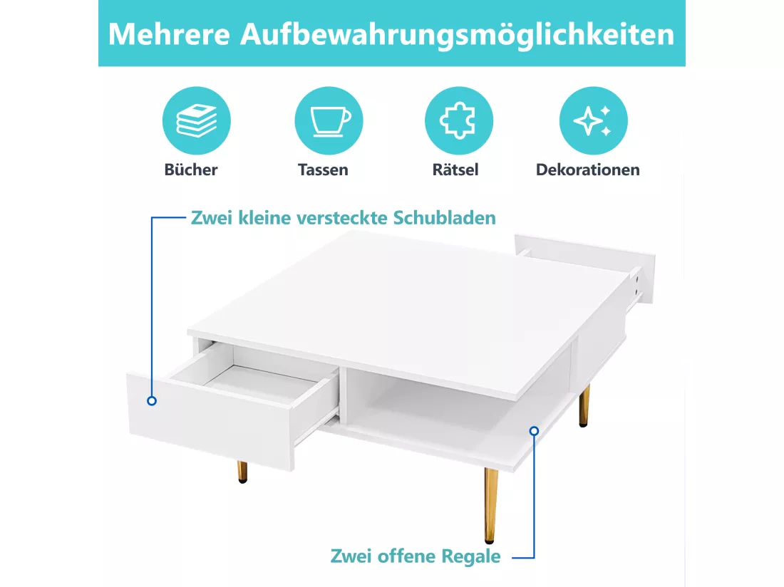 Table basse carrée avec 2 tiroirs et 2 compartiments ouverts - 70 x 70 x 36 cm - Pieds dorés - Blanc brillant