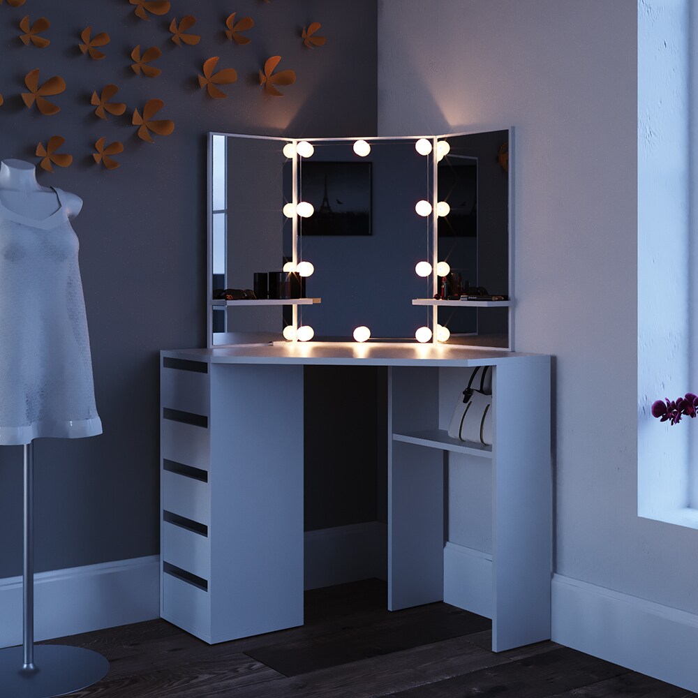 VICCO Eckschminktisch ARIELLE Weiß mit LED - Kosmetiktisch Frisiertisch