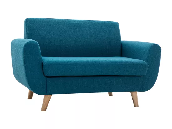 Canapé scandinave 2 places en tissu bleu canard et bois clair PURE