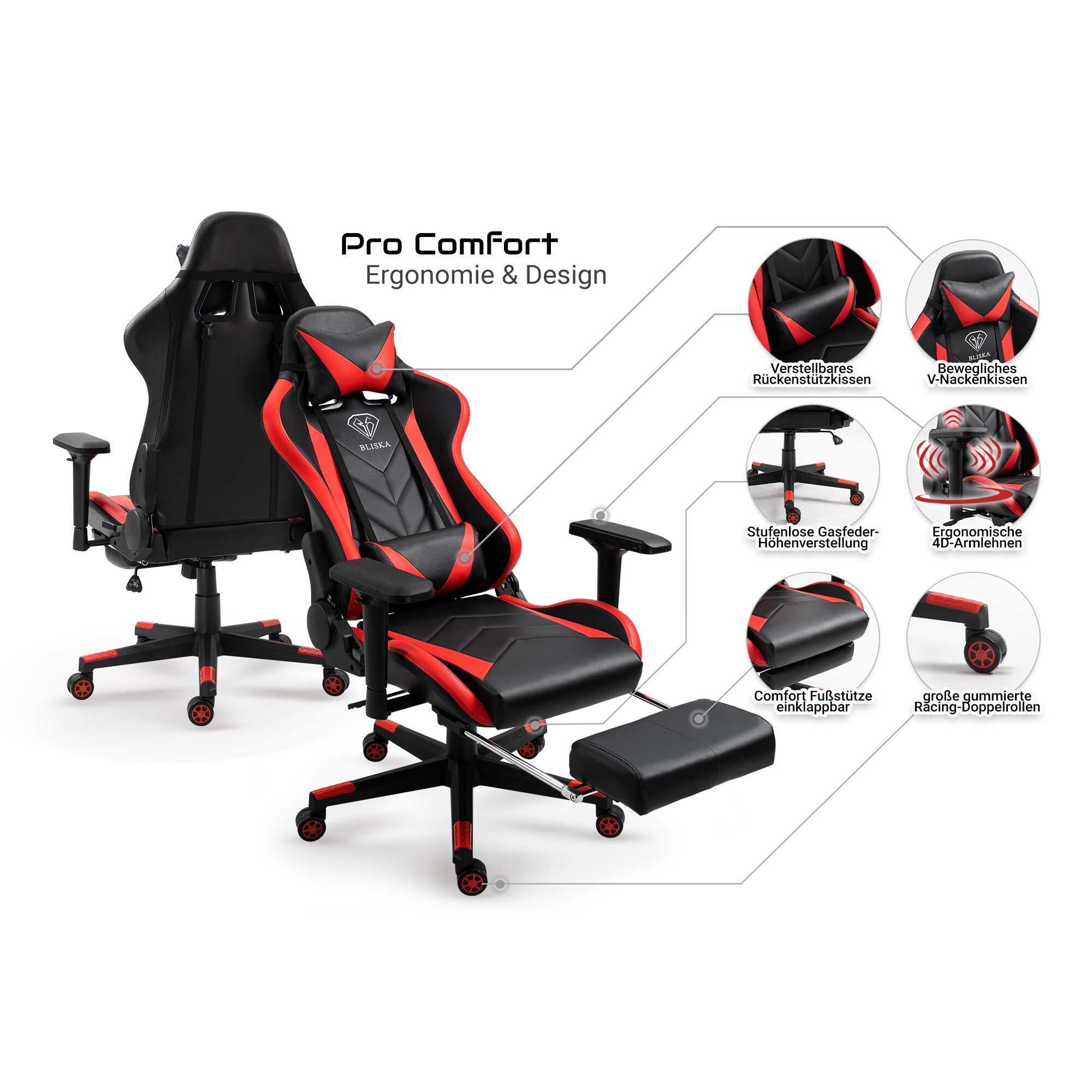 Gaming Stuhl mit Fußstütze und ergonomsichen 4D-Armlehnen gaming chair in ergonomischer Sportsitz Optik Gamer Stuhl mit verstellbaren Rückenstützkissen Bürostuhl