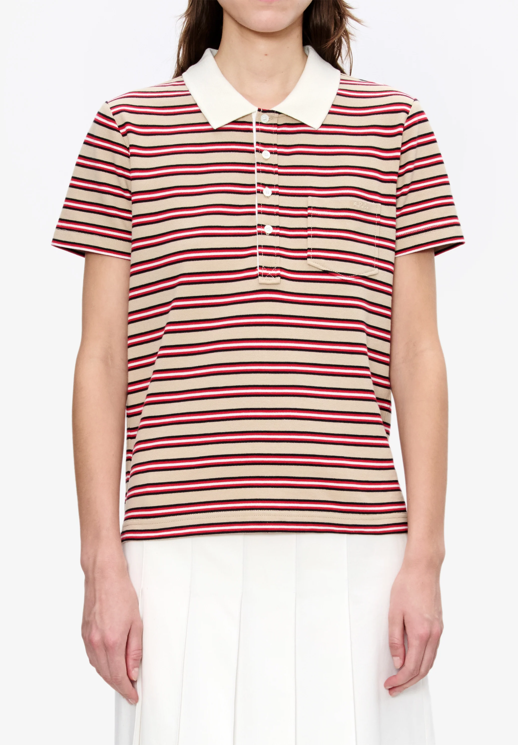 Polo rayé beige en coton piqué - Beige fonce