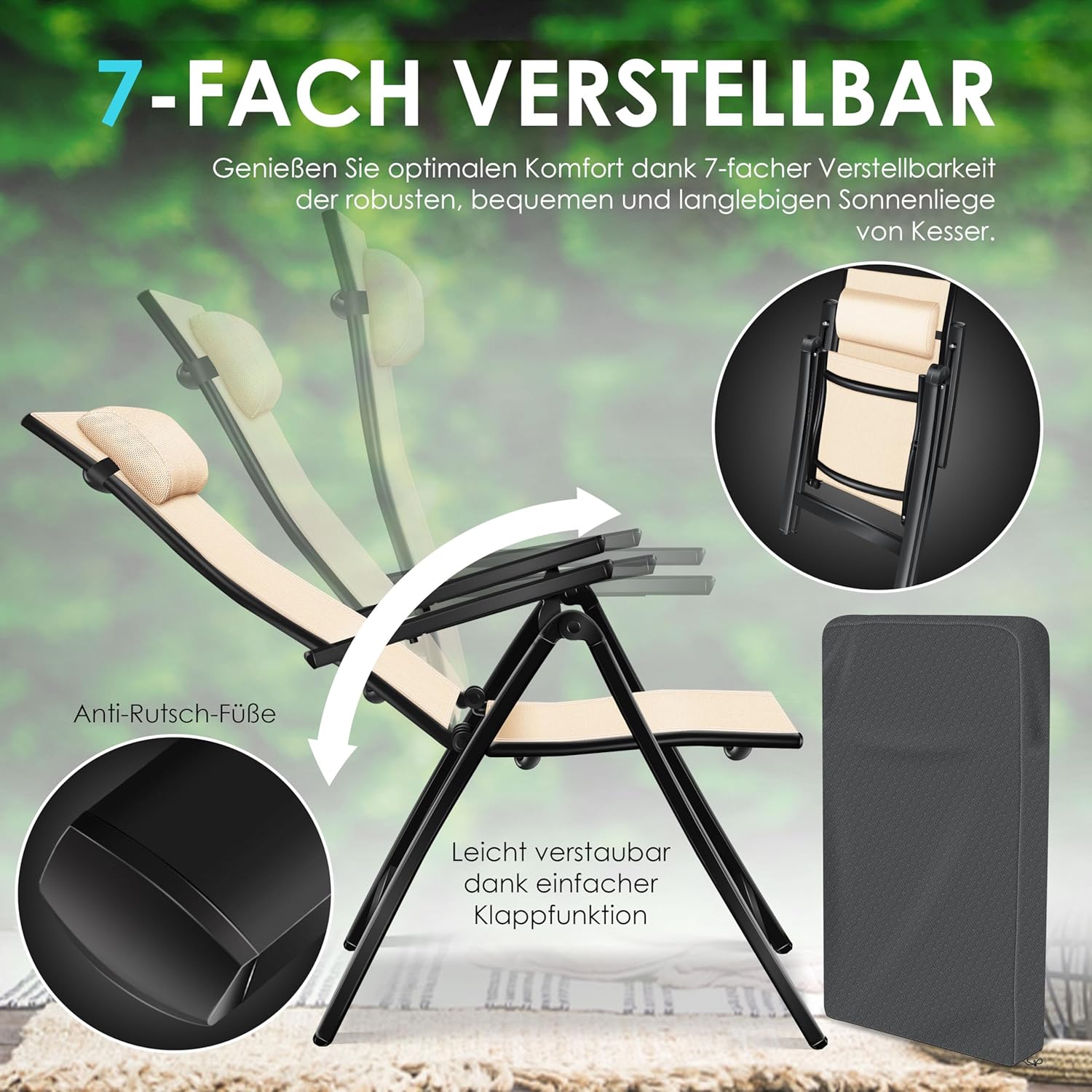 KESSER® Gartenstuhl Hochlehner mit Armlehnen 2er Set Aluminium Klappstuhl mit Kopfkissen & Abdeckung Campingstuhl 7-Fach Verstellbar Rückenlehne Atmungsaktiv Wetterfest Klappbar Anti-Rutsch, Beige
