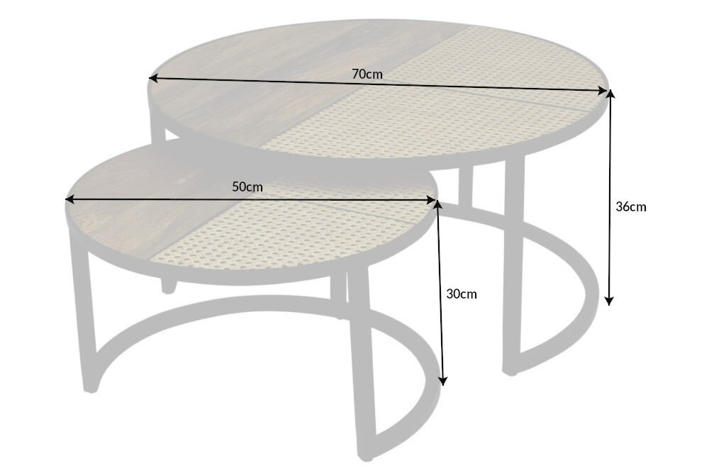 2er Set Couchtisch VIENNA LOUNGE 70cm rund Mangoholz massiv Wiener Geflecht Metall schwarz