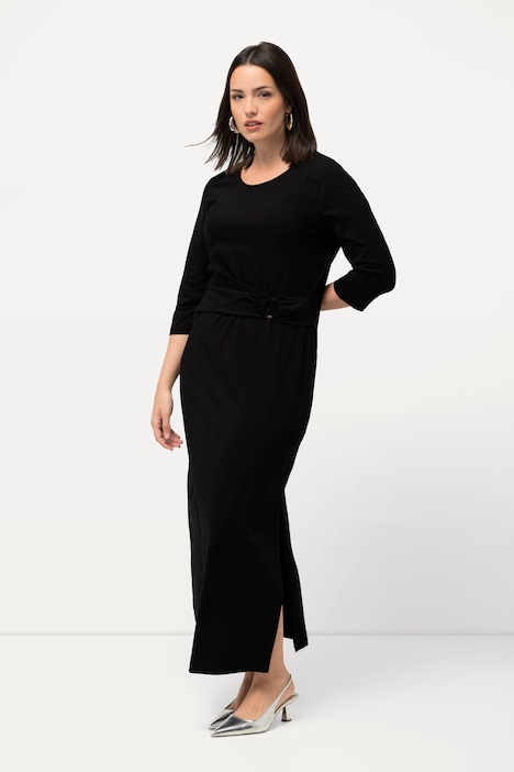 Maxikleid, Drapierung, Schmucköse, Rundhals, 3/4-Arm