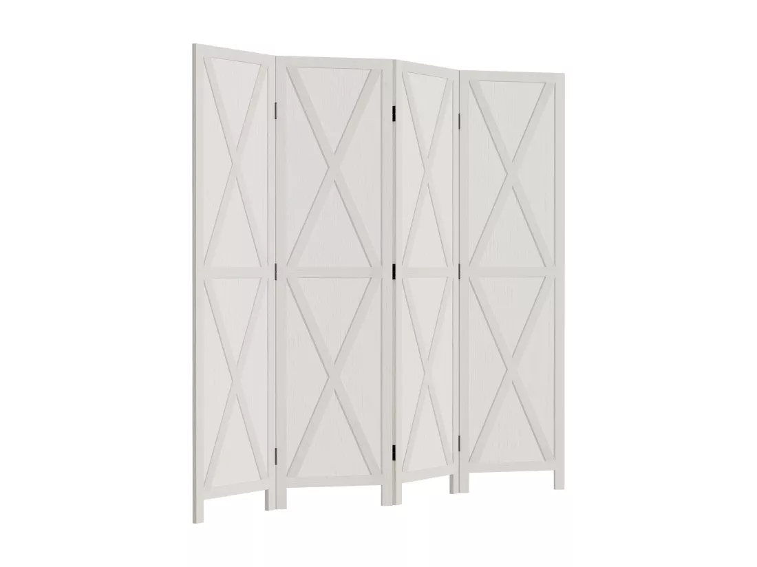 Paravent intérieur 4 panneaux style campagnard chic - séparateur de pièce avec croisillons - bois de paulownia blanc