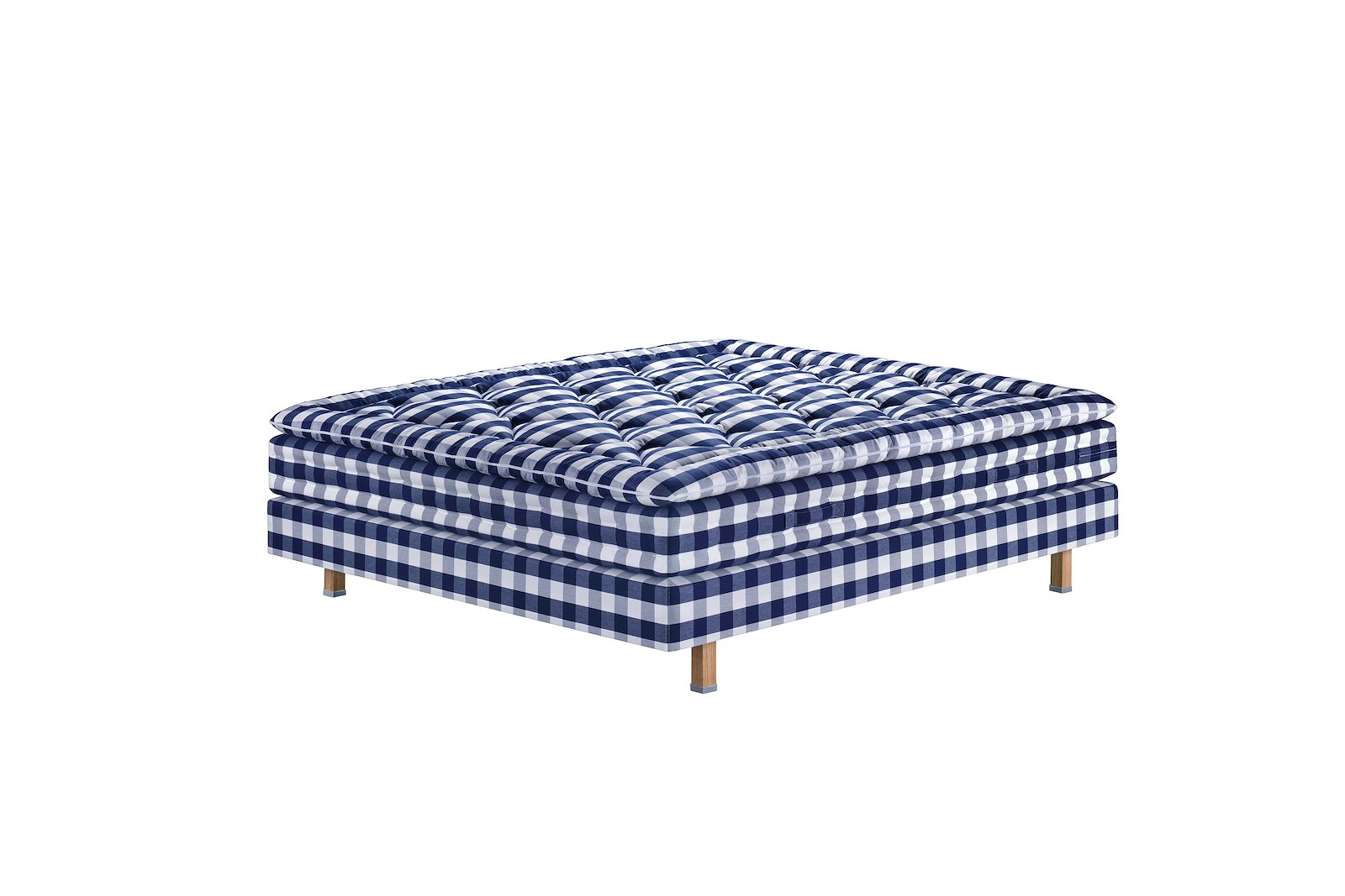 Maranga kontinentalseng 140x200 cm Tekstil Blue check. Myk fasthetsgrad på madrassen. BJX overmadrass. Helmadrass, delt ramme, 16 cm firkantet oljet eik ben med støtteben.