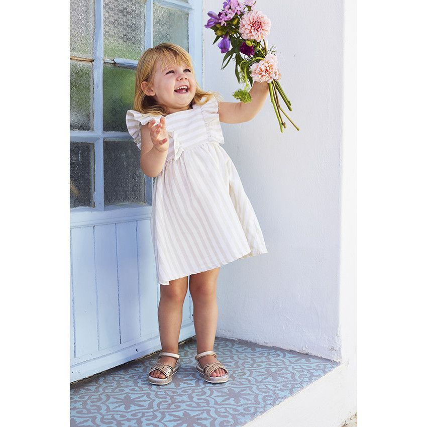 Robe manches courtes volantées à rayures pour bébé fille - Ecru