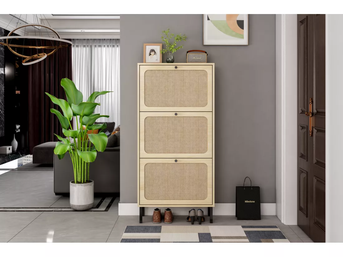 Armoire à Chaussures à 3 Portes avec Décor en Rotin Naturel et Pieds Métalliques Indépendants (Modèle Détachable)