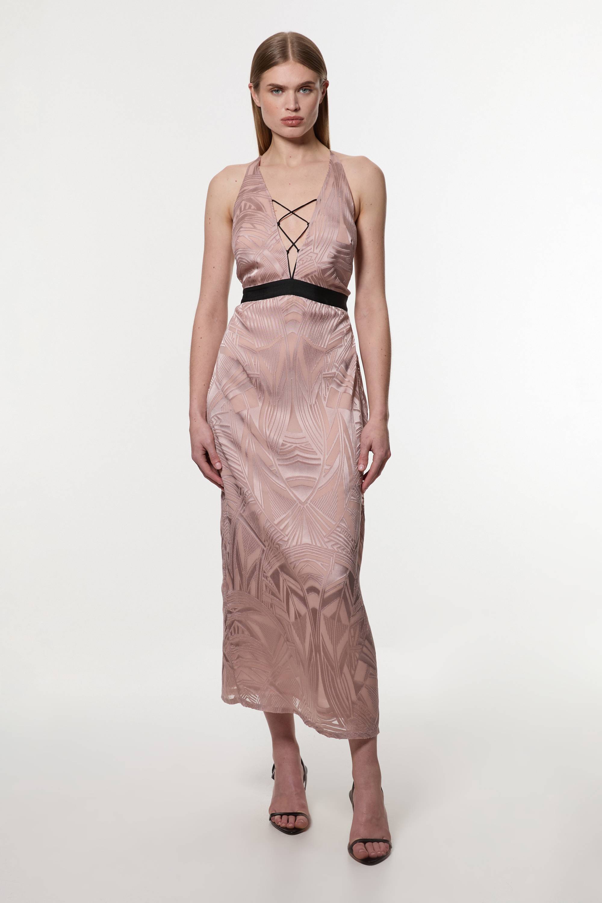 KarenMillen Amelia Graham Robe Colonne en Tissu Tissé avec Détail Lacets Burnout