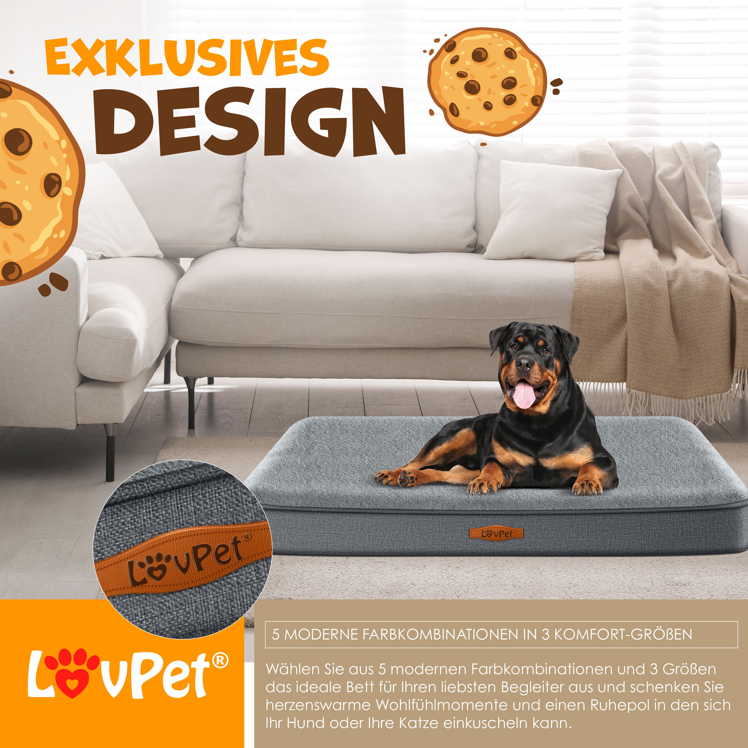LovPet® Hundebett orthopädisches Hundekissen Hundekorb Cookie, Inkl. Napf + 3X Kauknochen, Hundesofa für Kleine, Mittelgroße & Große Hunde, Bezug abnehmbar und waschbar