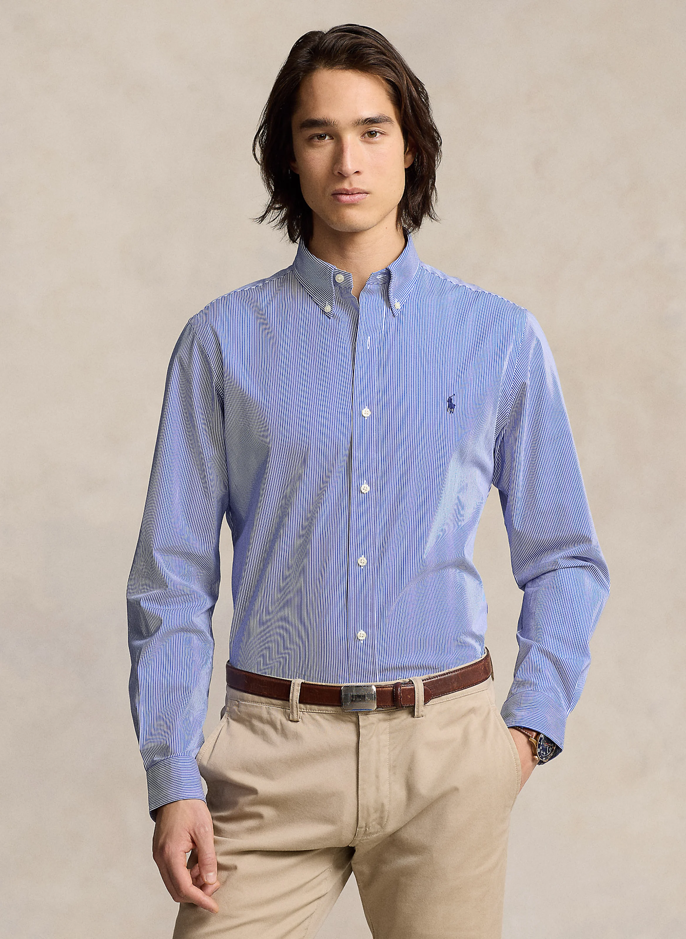 Chemise col américain en coton mélangé | Bleu