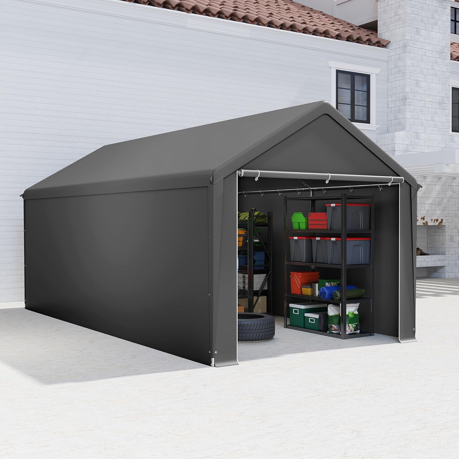 Aufun Carport Zeltgarage 3x6m, Wasserdichtes Lagerzelt mit PE-Dach, Reißenresistenter Garagenzelt mit abnehmbaren Seitenwänden, UV-beständig Winterfest Unterstand für Auto, SUV, LKW, Boot, Grau