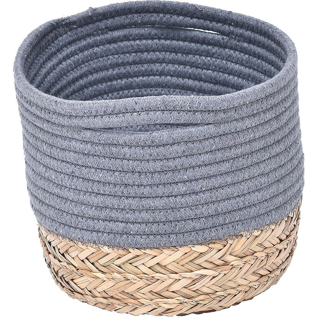 Panier ovale bi-matière roseau tressé et coton gris 30x17x22cm