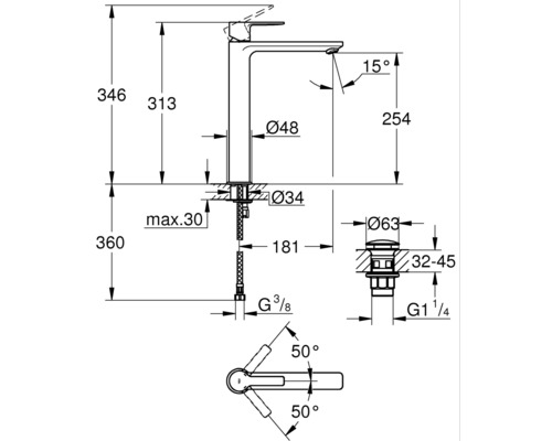 GROHE LINEARE wastafelmengkraan voor opzetwastafels, chroom 23405001