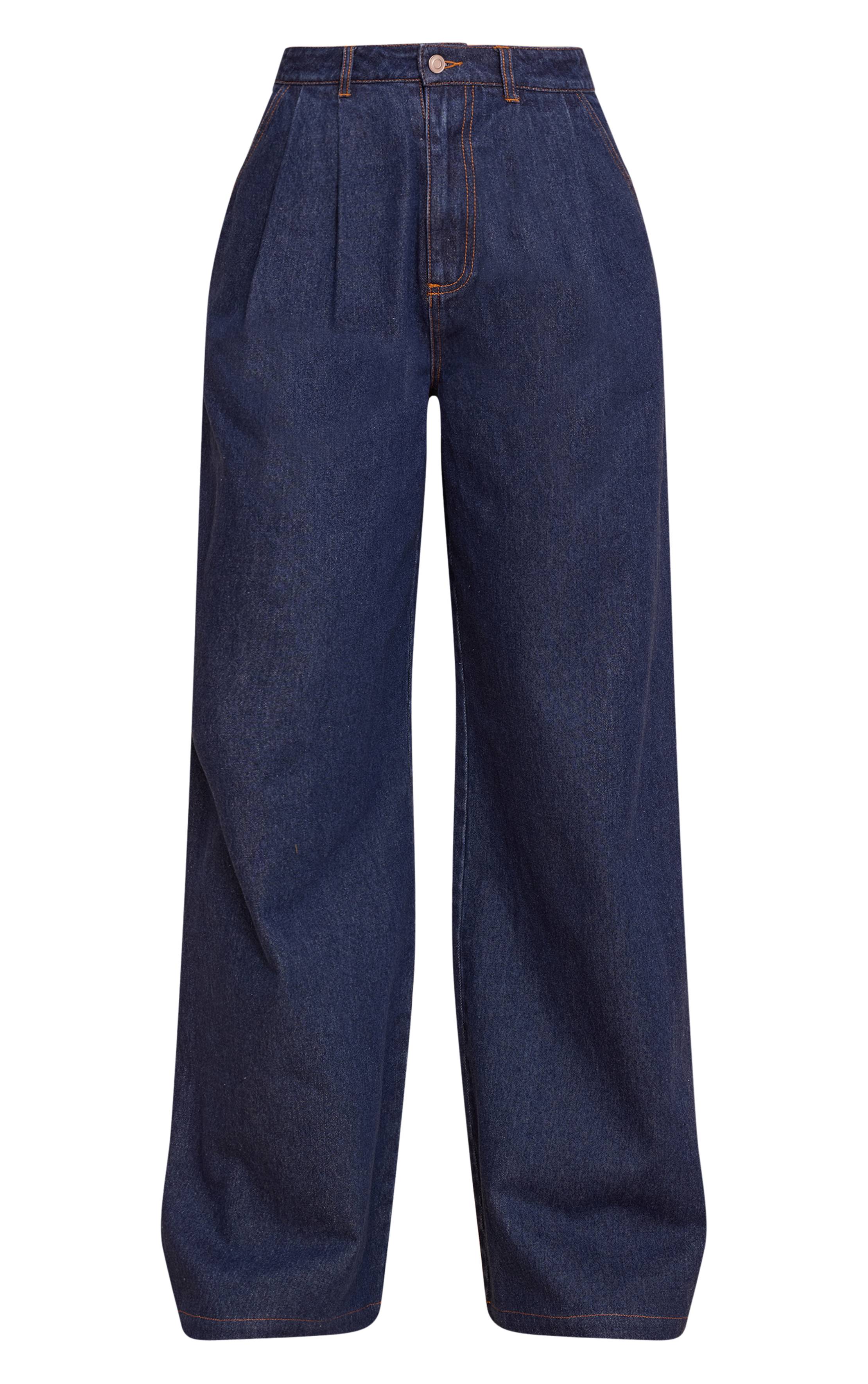 Bleu Indigo Jean Large Plissé Taille Haute