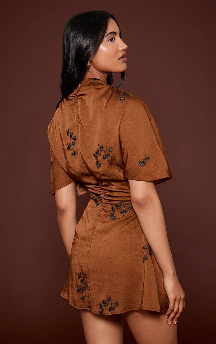 Marron Robe Mini En Satin Brodée