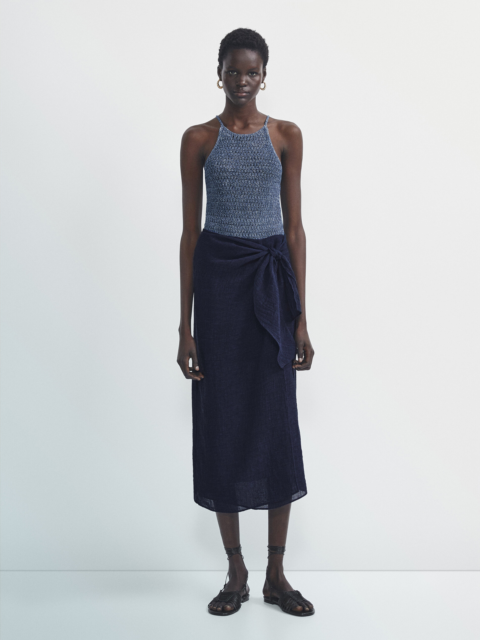 Saia midi pareo waffle - AZUL