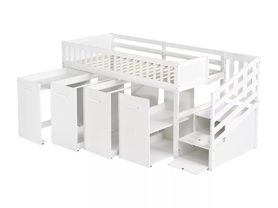 Lit mezzanine 90x200cm en bois - avec bureau/armoire/casiers amovibles et escalier de rangement - Blanc