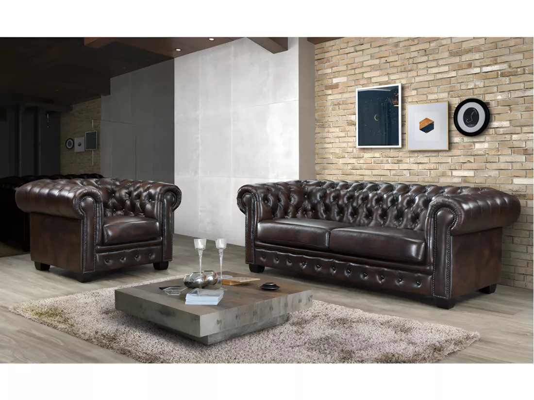 Fauteuil chesterfield BRENTON 100% cuir de buffle - Marron reflets châtains