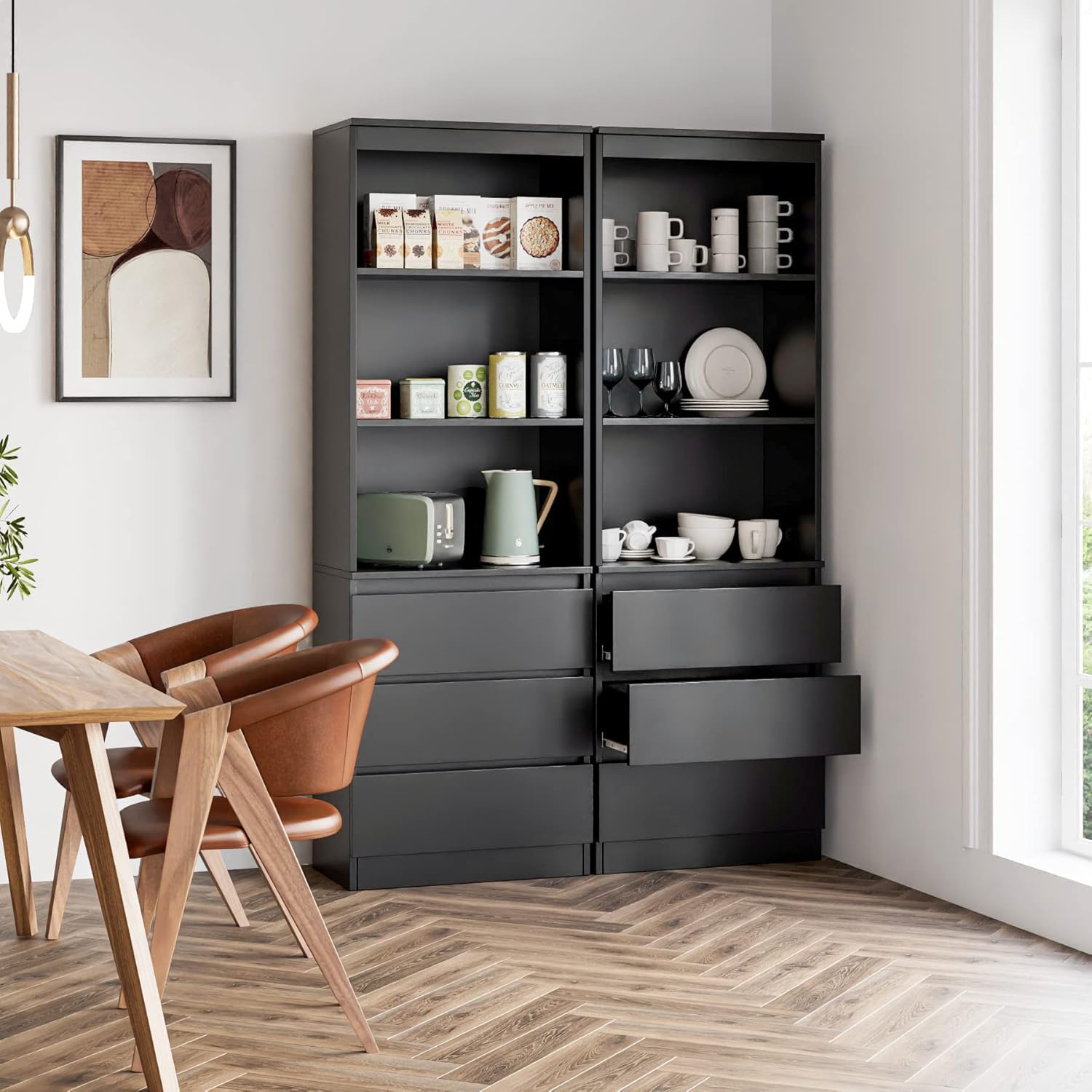 FirFurd Bücherregal mit 3 Schubladen 3 Fächern 180 cm Hochschrank Bücherschrank Vitrinenschrank Mehrzweckschrank für Wohnzimmer Büro Küche 60 x 35 x 180 cm Schwarz