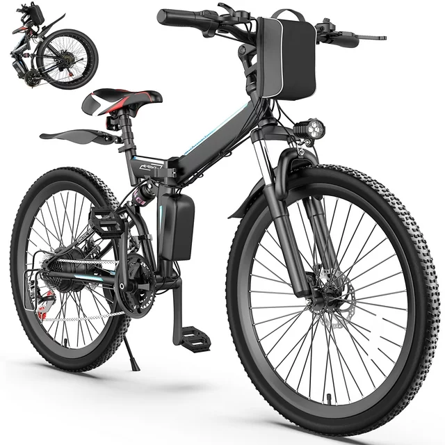 Bicicleta elétrica Gocio de 26 polegadas para adultos, bicicleta elétrica dobrável de montanha de 500 W com autonomia máxima de 80 km, suspensão total, bicicleta elétrica dobrável de 48 V com bateria de íon-lítio removível de 374,4 Wh.