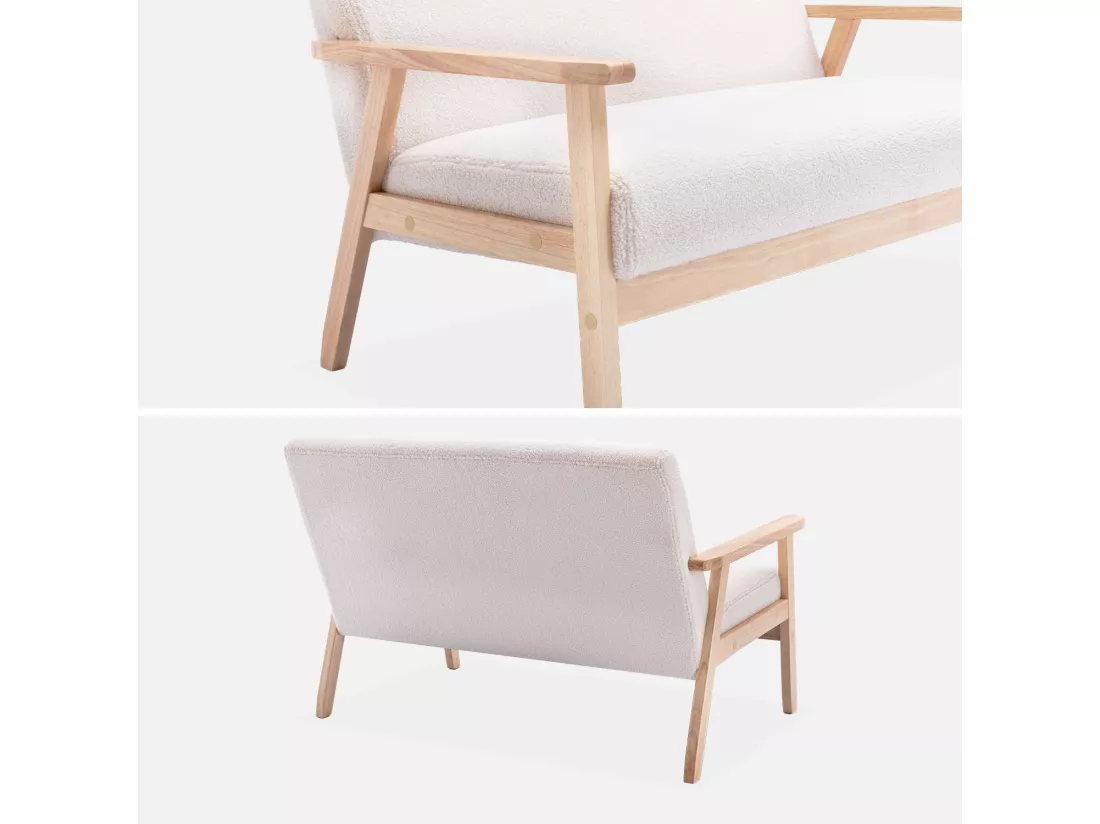 Banquette canapé en bois et tissu bouclette. Isak. L 114 x P 69.5 x H 73cm