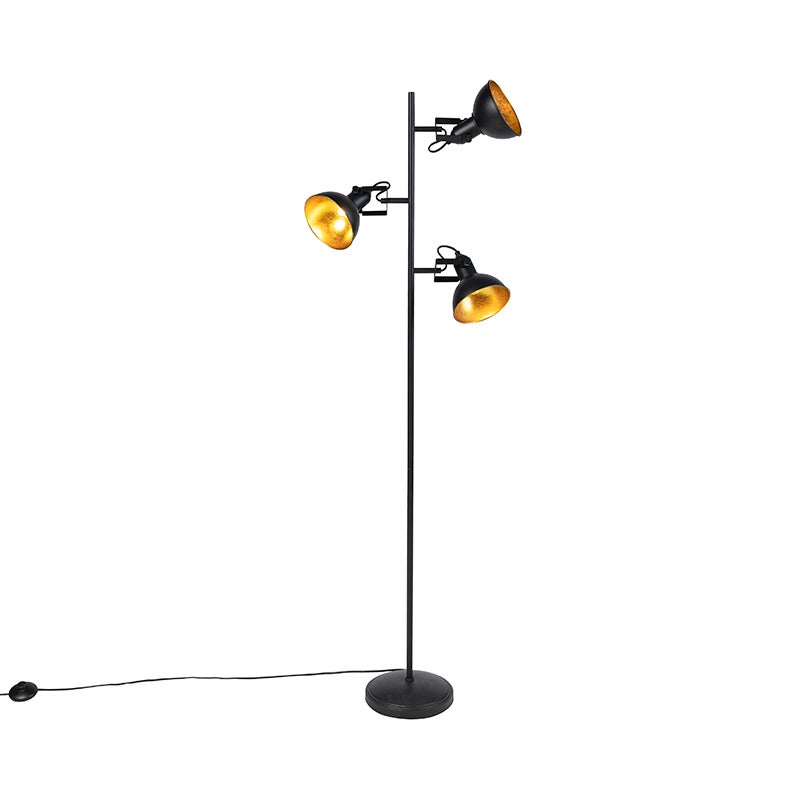 QAZQA - Industrieel I Vintage I Industrieel I Vintage I Staande lamp Zwart met goud I Messing 3 lampen - Tommy I Woonkamer I Slaapkamer - Staal Langwerpig I Rond - LED compatibel E14
