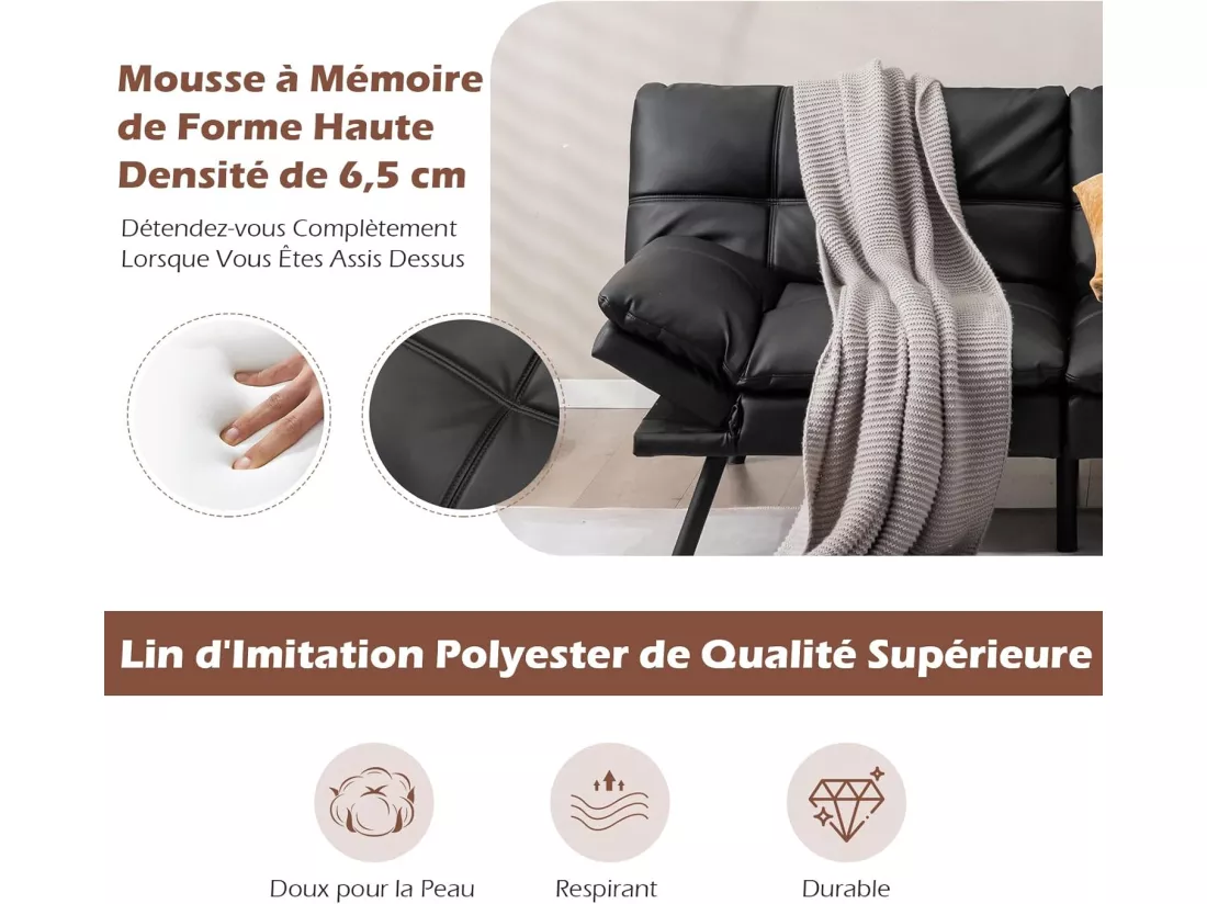 COSTWAY Canapé-Lit Convertible 5 en 1 avec Dossier et Accoudoirs Réglables, Canapé Futon 3 Places en Mousse à Mémoire, Pieds Métalliques, pour Petits Appartements, Salon, Bureau, Charge 273 kg (Noir)