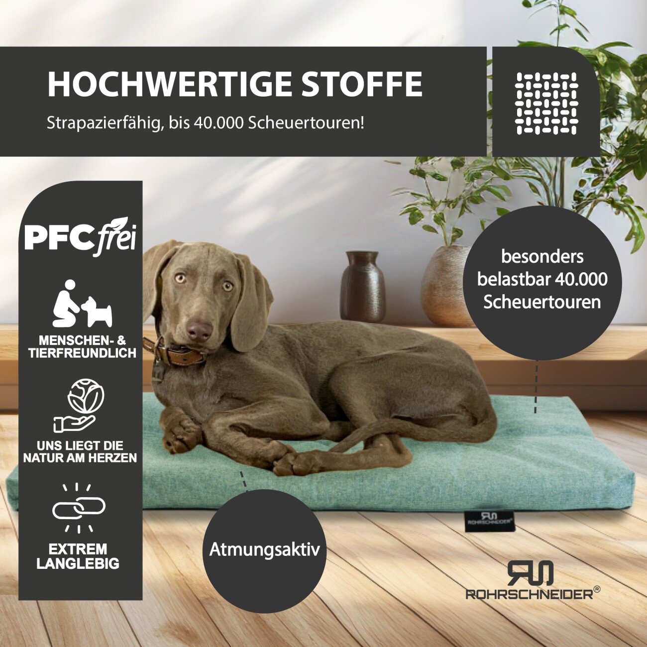 Rohrschneider ® Hundebett mit Anti-Rutsch-Boden, strapazierfähiges Kissen für Hunde und Katzen, B120 x T75 x H7 cm, inkl. Gratis-Wassernapf